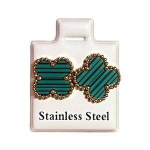 Stainless Steel Green Clover Gold Tone Stud Earrings